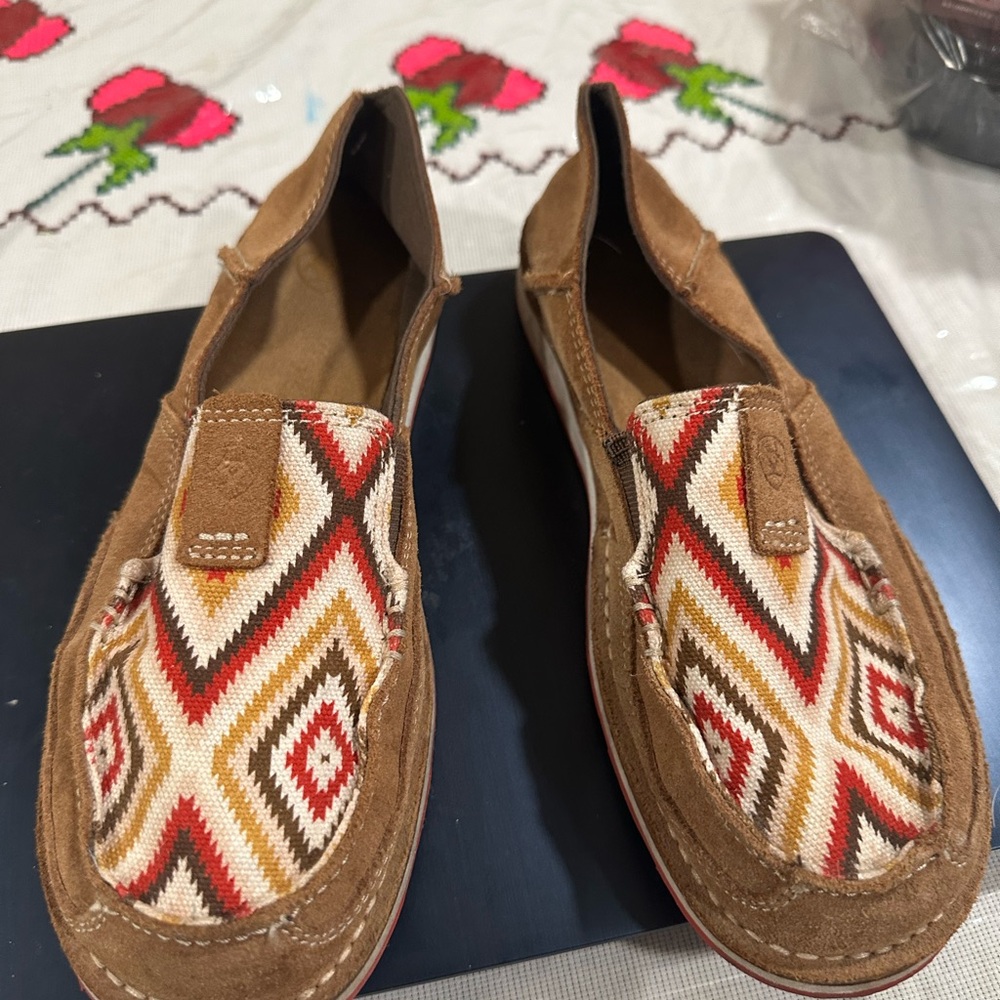 Ariat Brown Suede Loafers with Patterned Top
